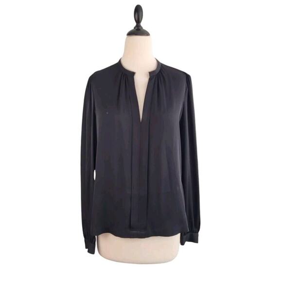DVF Silk Billow Blouse Womens 12 Black Split V-neck Minimalist Quiet Luxury Work - Picture 1 of 14